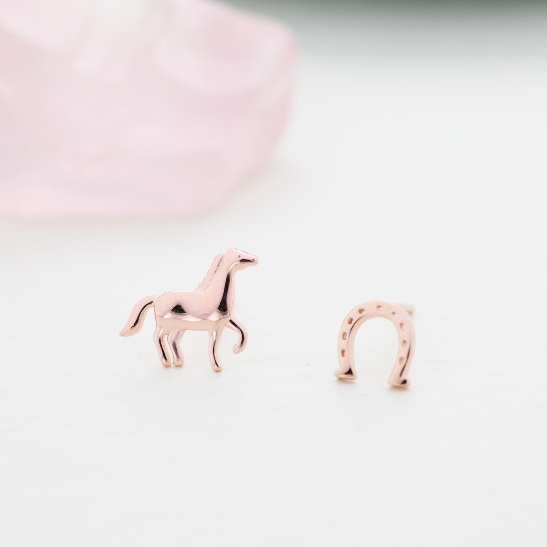 Very Tiny Mismatched Running Horse and Horseshoe Stud Earrings in Sterling Silver, Asymmetric Horse Shoe Stud, Horse Shoe Earrings