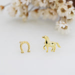 Very Tiny Mismatched Running Horse and Horseshoe Stud Earrings in Sterling Silver, Asymmetric Horse Shoe Stud, Horse Shoe Earrings