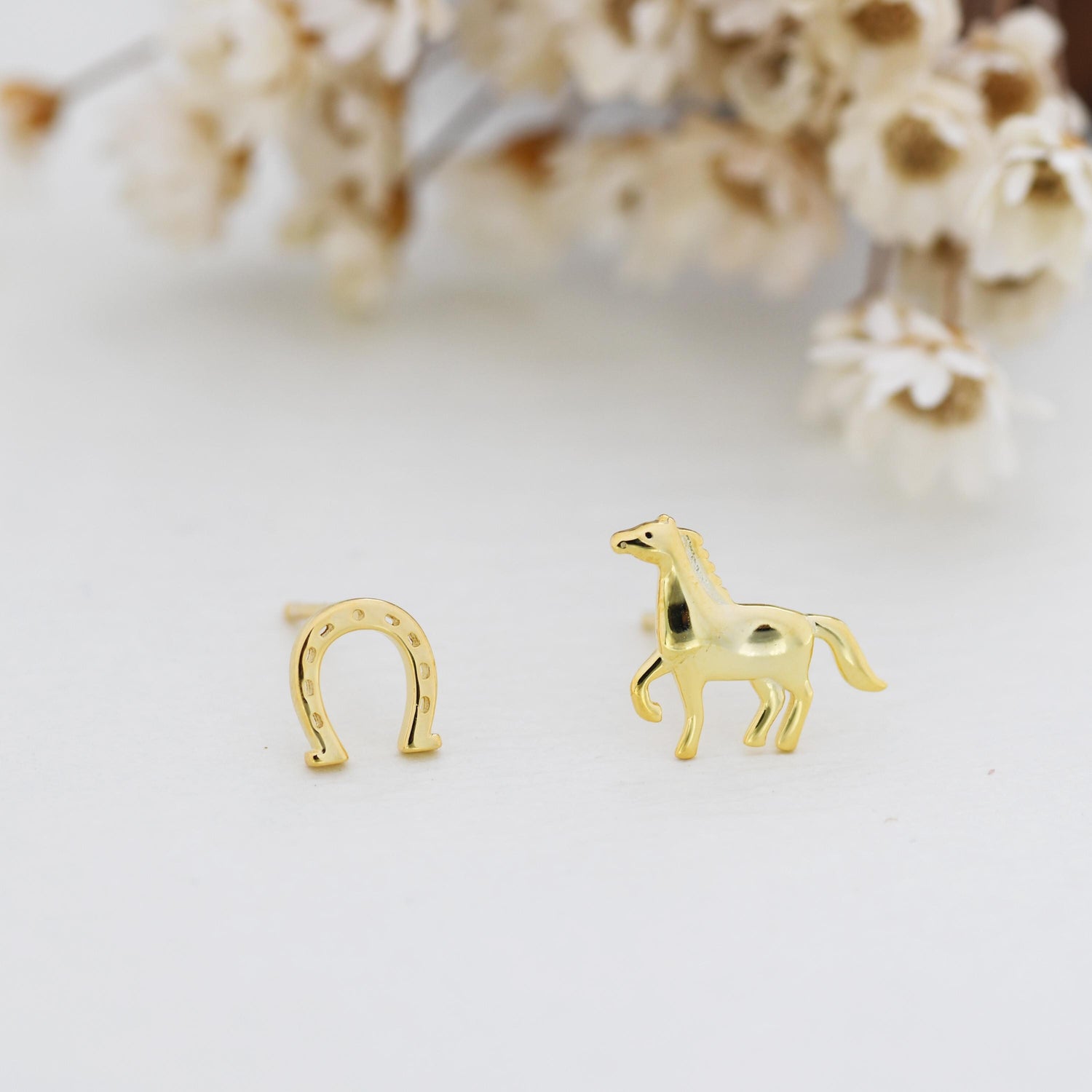 Very Tiny Mismatched Running Horse and Horseshoe Stud Earrings in Sterling Silver, Asymmetric Horse Shoe Stud, Horse Shoe Earrings