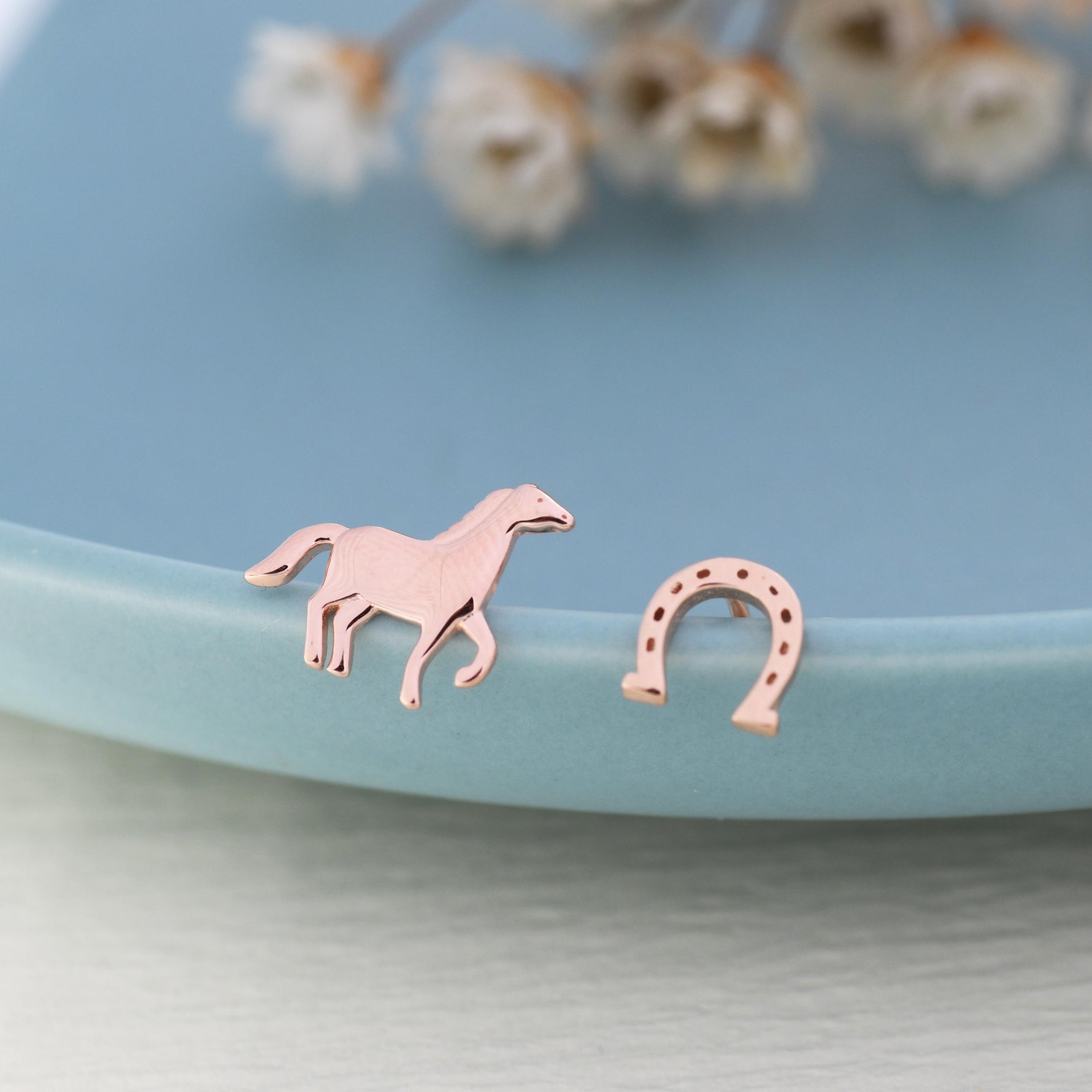 Very Tiny Mismatched Running Horse and Horseshoe Stud Earrings in Sterling Silver, Asymmetric Horse Shoe Stud, Horse Shoe Earrings
