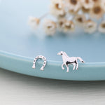 Very Tiny Mismatched Running Horse and Horseshoe Stud Earrings in Sterling Silver, Asymmetric Horse Shoe Stud, Horse Shoe Earrings
