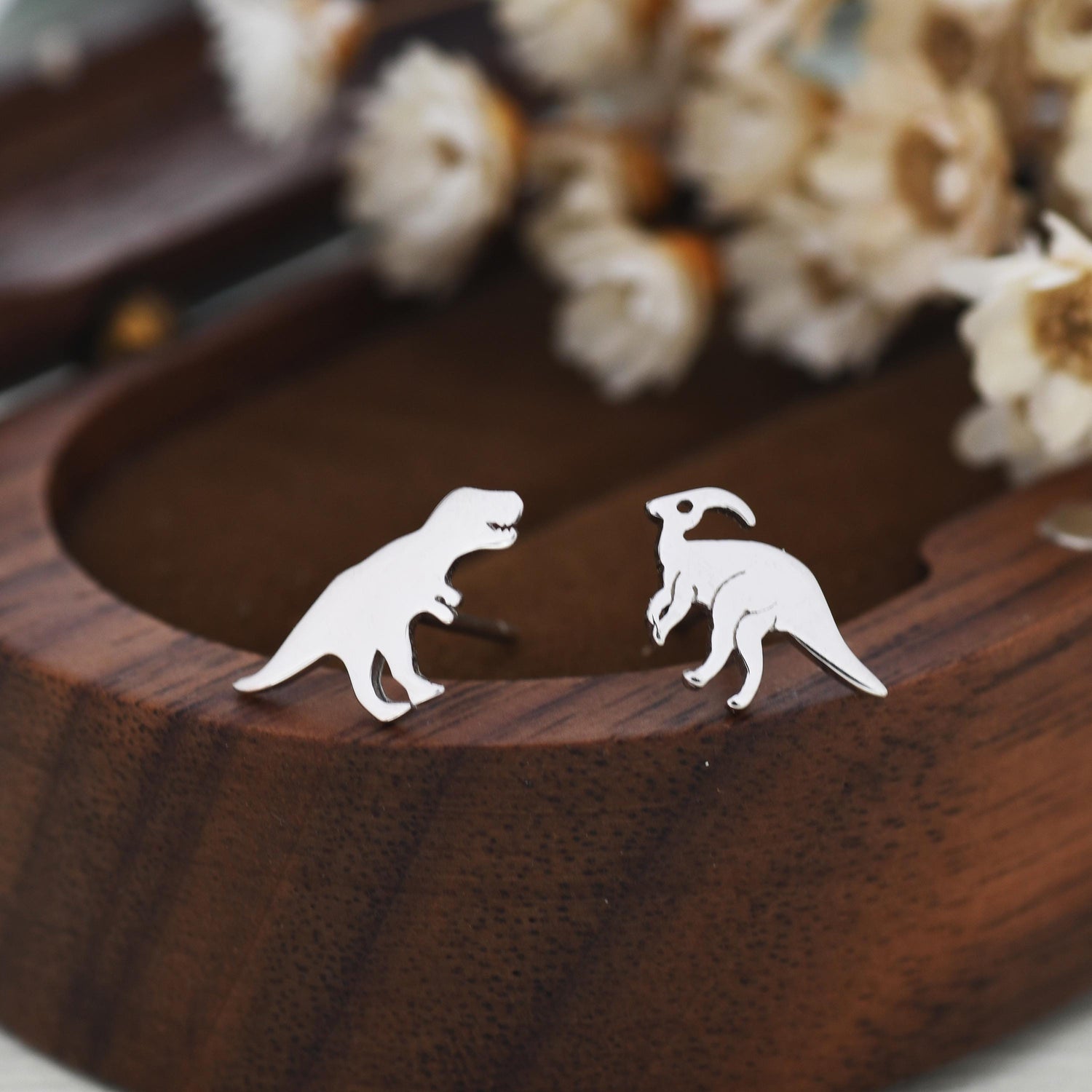 Mismatched T-Rex Tyrannosaurus Dinosaur Stud Earrings in Sterling Silver, Silver or Gold, Asymmetric Parasaurolophus and T Rex Jewellery