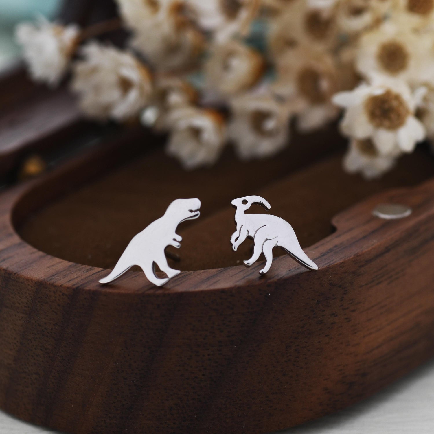 Mismatched T-Rex Tyrannosaurus Dinosaur Stud Earrings in Sterling Silver, Silver or Gold, Asymmetric Parasaurolophus and T Rex Jewellery