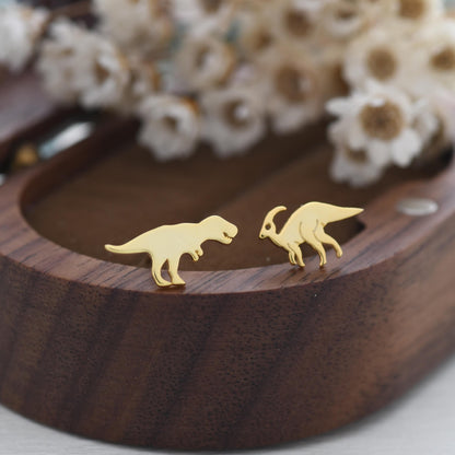 Mismatched T-Rex Tyrannosaurus Dinosaur Stud Earrings in Sterling Silver, Silver or Gold, Asymmetric Parasaurolophus and T Rex Jewellery