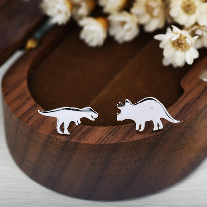 Mismatched T-Rex Tyrannosaurus and Triceratops Dinosaur Stud Earrings in Sterling Silver, Asymmetric Triceratops and T Rex