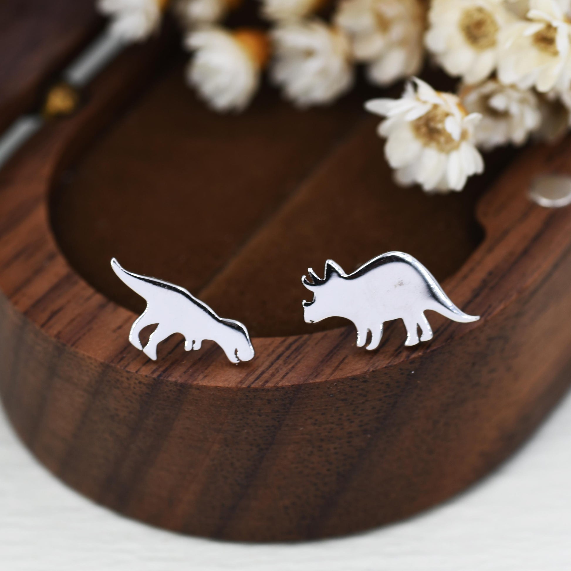 Mismatched T-Rex Tyrannosaurus and Triceratops Dinosaur Stud Earrings in Sterling Silver, Asymmetric Triceratops and T Rex