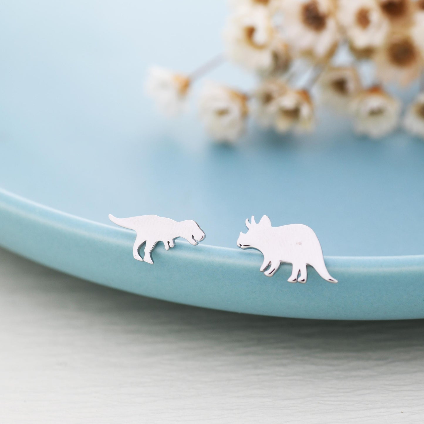 Mismatched T-Rex Tyrannosaurus and Triceratops Dinosaur Stud Earrings in Sterling Silver, Asymmetric Triceratops and T Rex