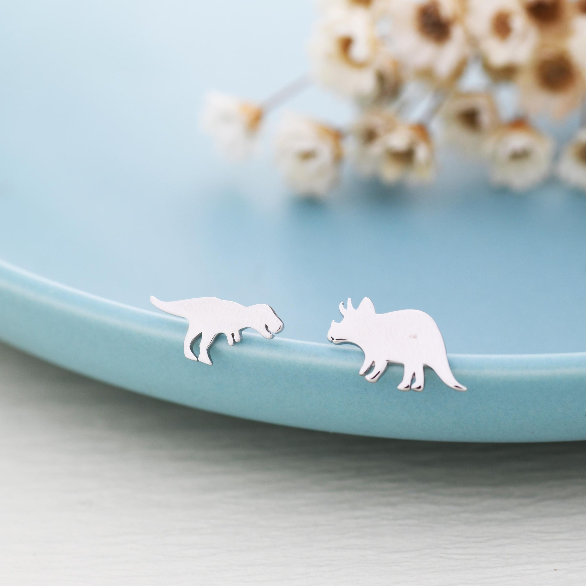 Mismatched T-Rex Tyrannosaurus and Triceratops Dinosaur Stud Earrings in Sterling Silver, Asymmetric Triceratops and T Rex