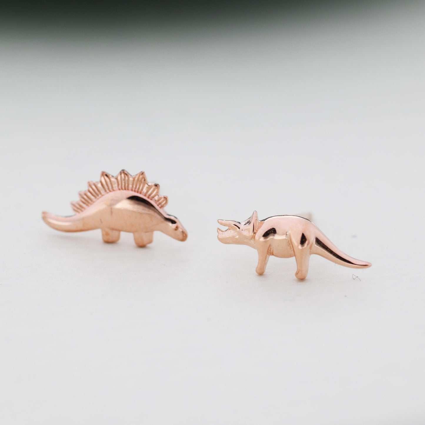 Mismatched Stegosaurus and Triceratops Dinosaur Stud Earrings in Sterling Silver, Asymmetric Dinosaur Earrings, Gold or Rose Gold