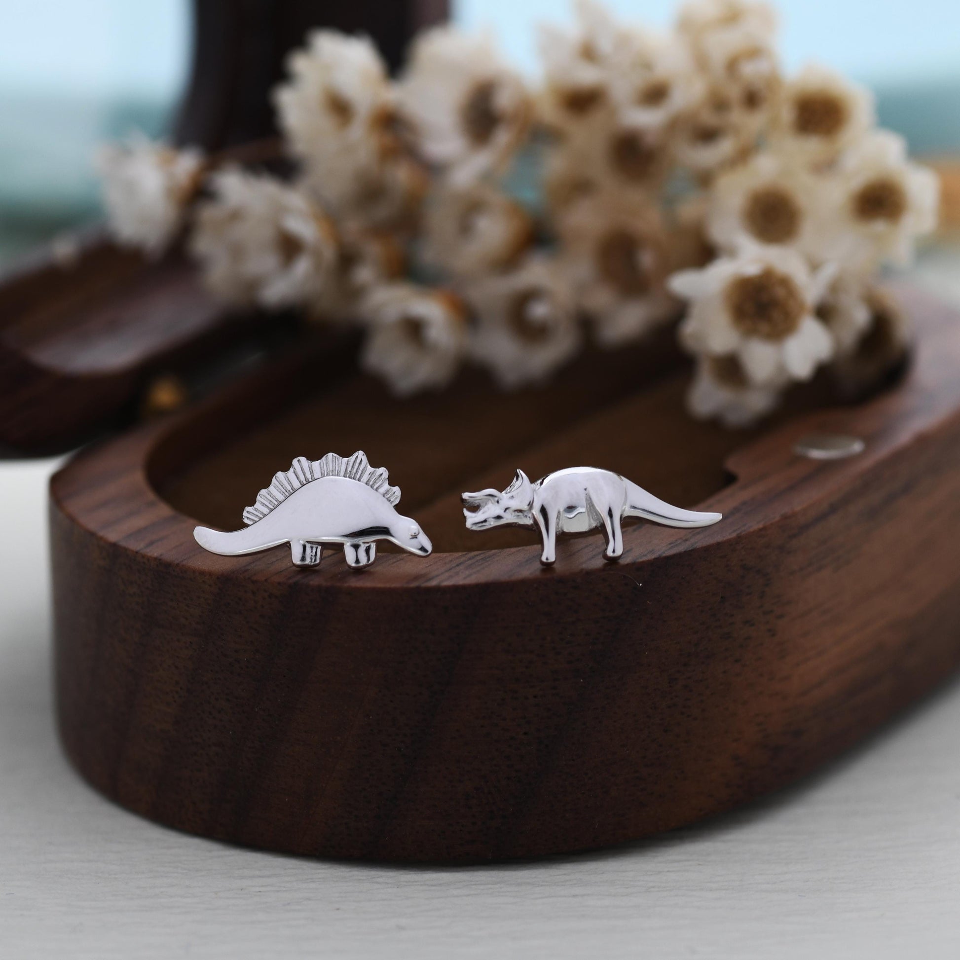 Mismatched Stegosaurus and Triceratops Dinosaur Stud Earrings in Sterling Silver, Asymmetric Dinosaur Earrings, Gold or Rose Gold