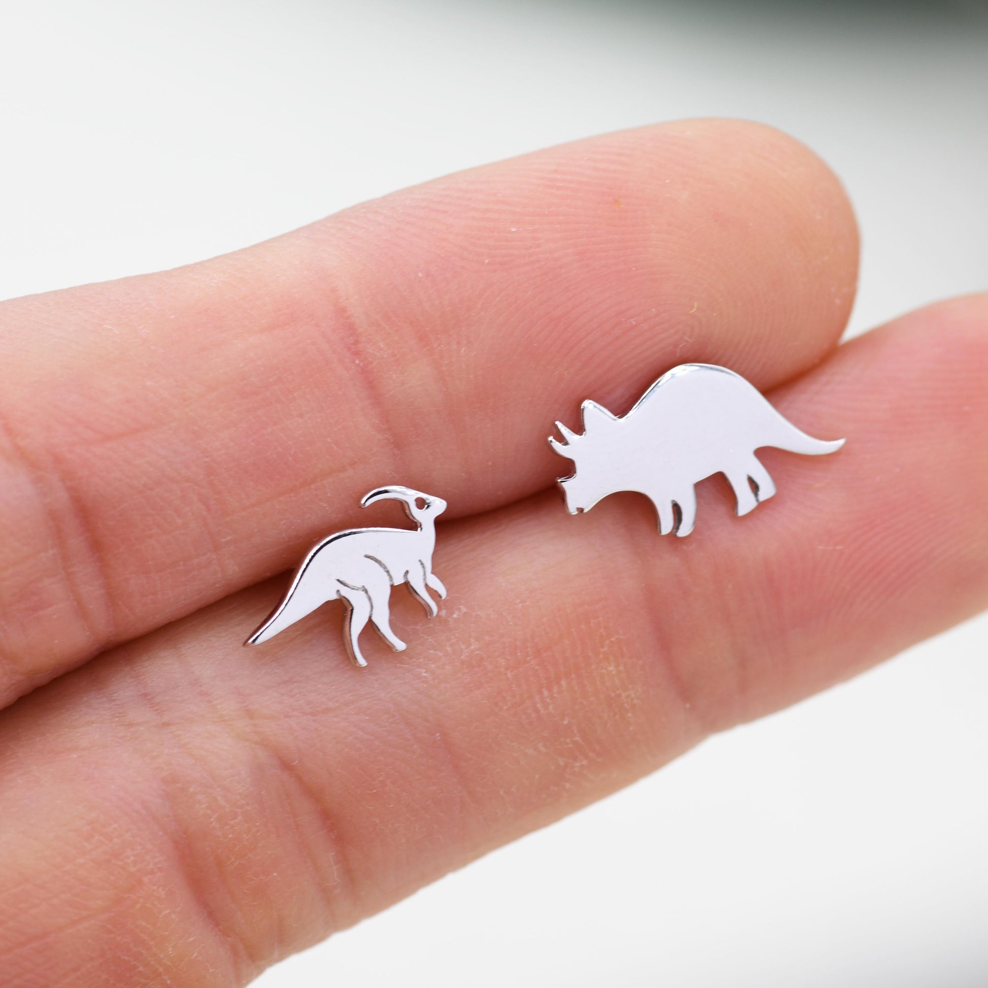 Mismatched Parasaurolophus and Triceratops Dinosaur Stud Earrings in Sterling Silver, Asymmetric Dinosaur Earrings