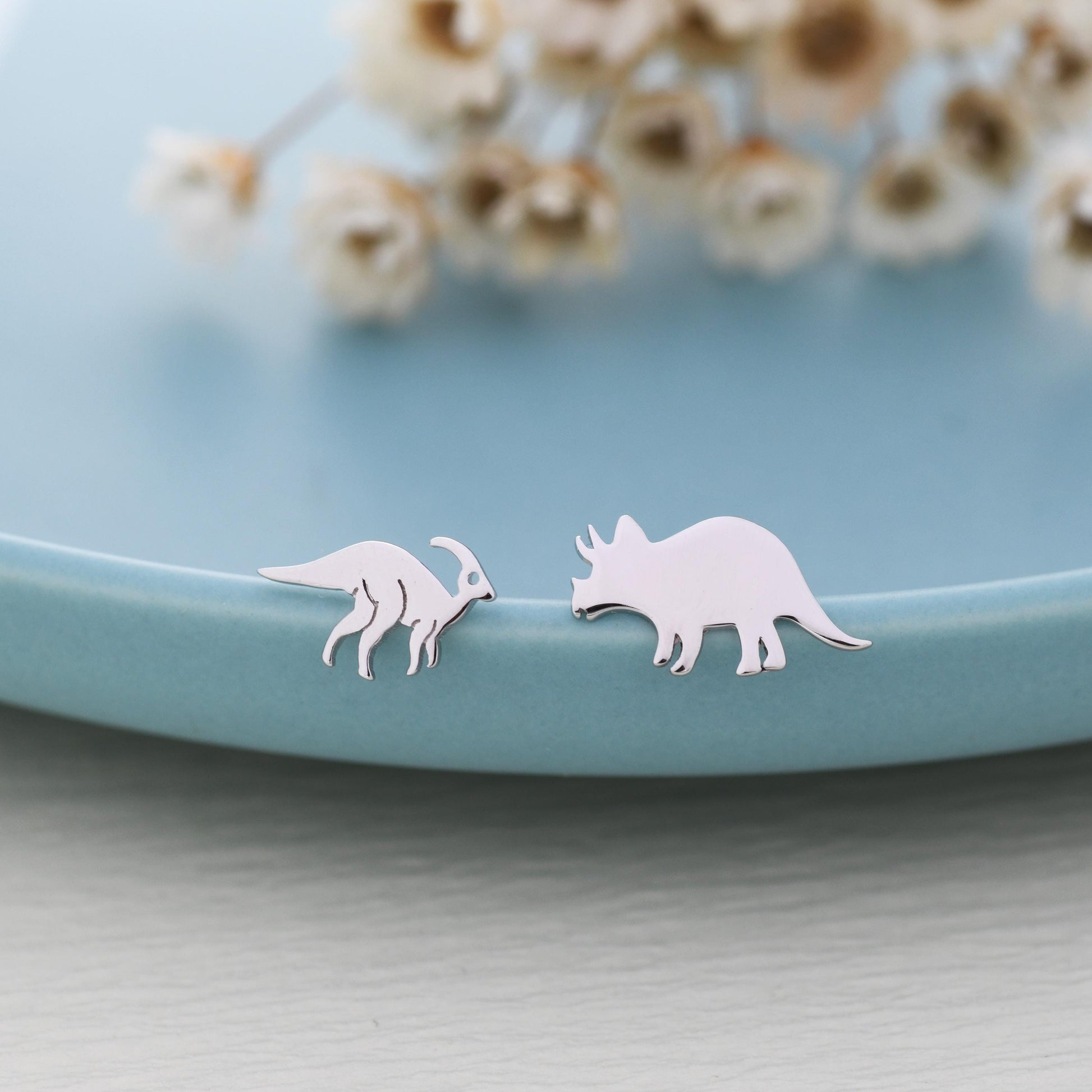 Mismatched Parasaurolophus and Triceratops Dinosaur Stud Earrings in Sterling Silver, Asymmetric Dinosaur Earrings