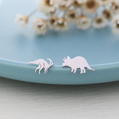 Mismatched Parasaurolophus and Triceratops Dinosaur Stud Earrings in Sterling Silver, Asymmetric Dinosaur Earrings