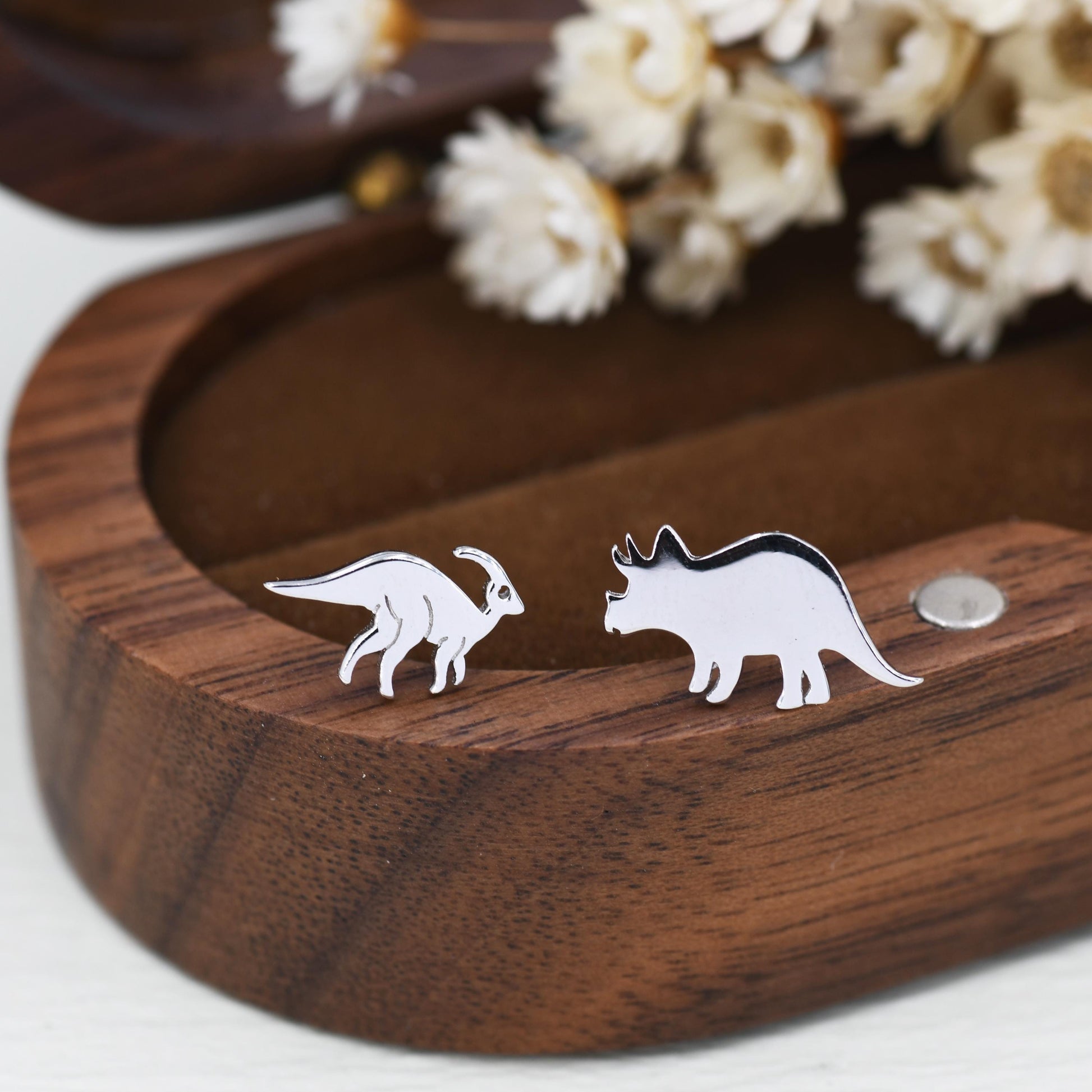 Mismatched Parasaurolophus and Triceratops Dinosaur Stud Earrings in Sterling Silver, Asymmetric Dinosaur Earrings