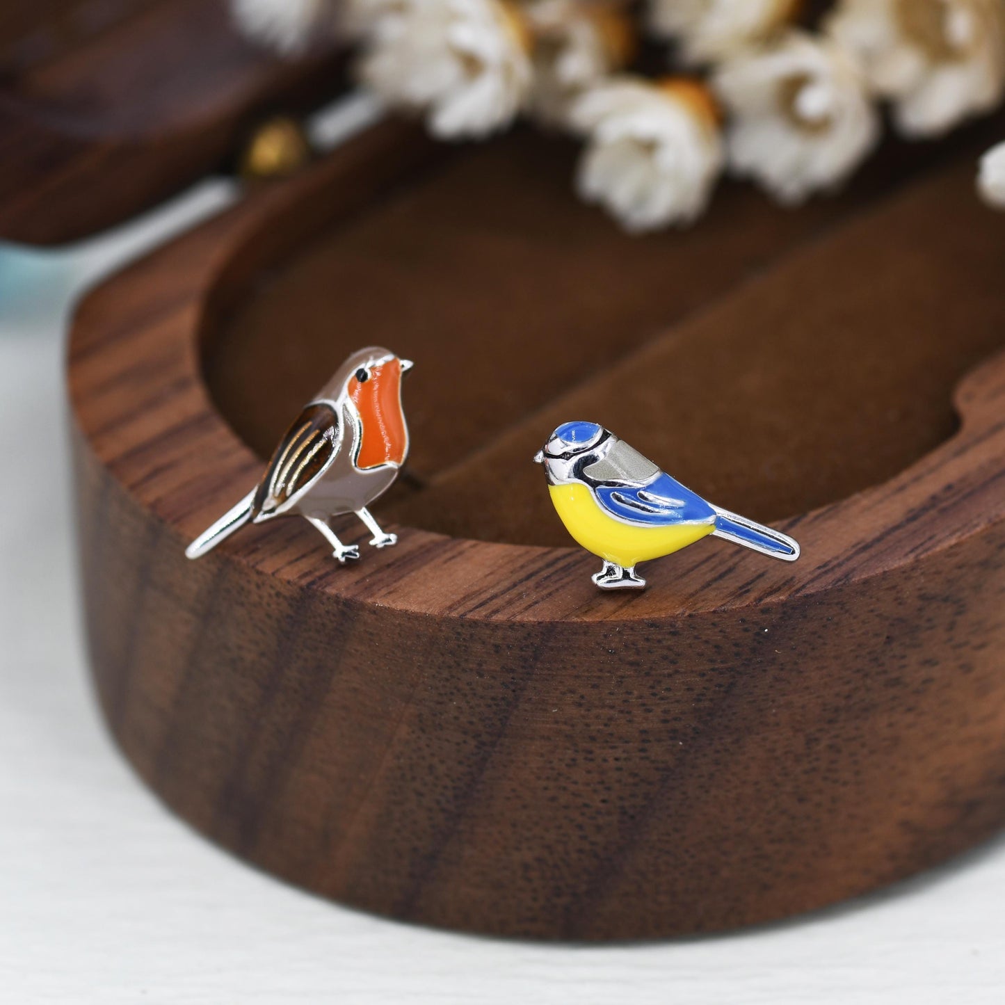 Mismatched Robin Bird and Blue Tit Bird Stud Earrings in Sterling Silver, Asymmetric Enamel Bird Earrings, Silver or Gold