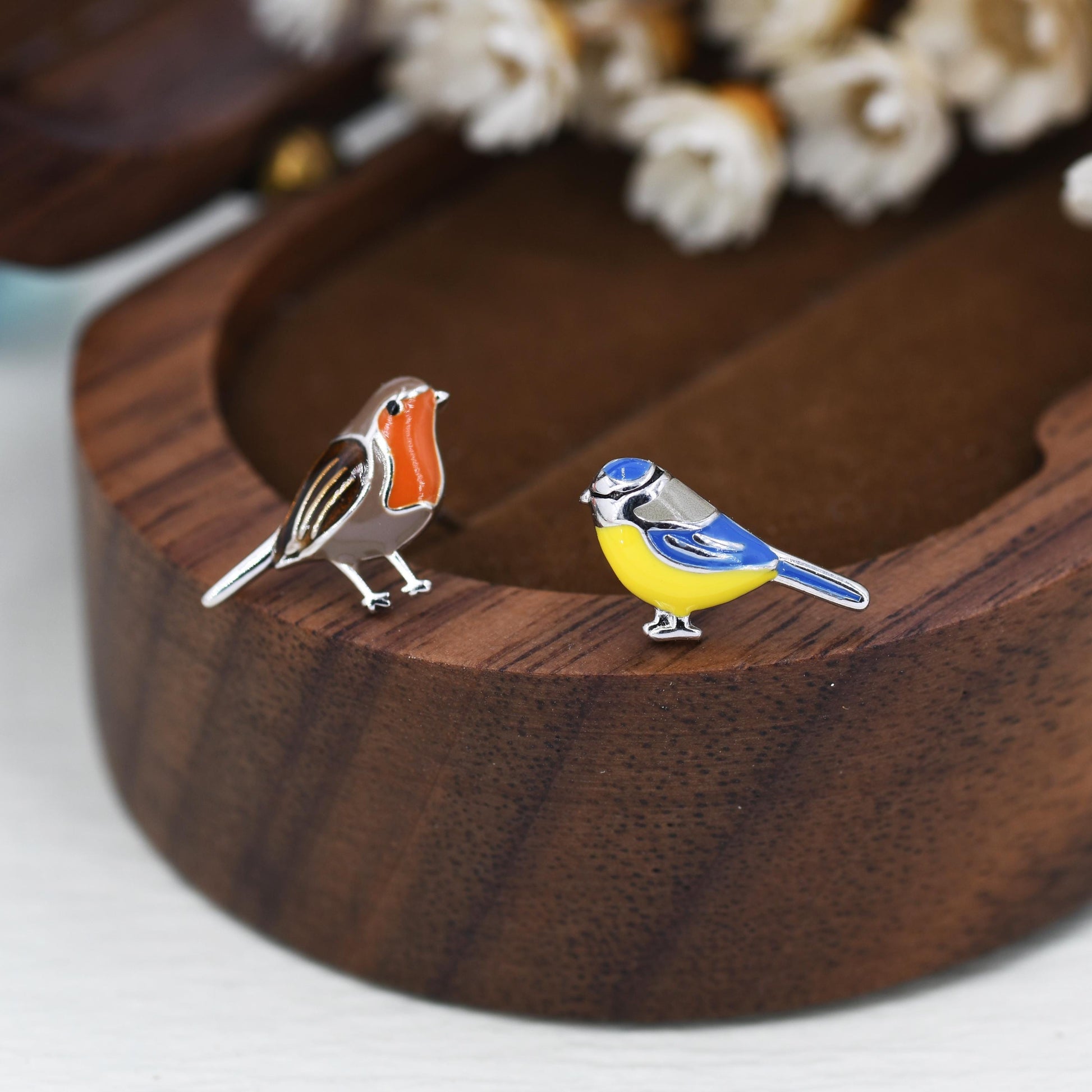 Mismatched Robin Bird and Blue Tit Bird Stud Earrings in Sterling Silver, Asymmetric Enamel Bird Earrings, Silver or Gold