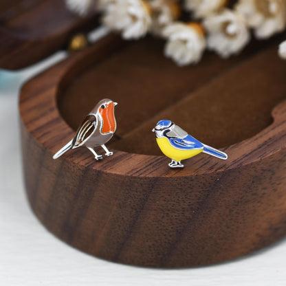 Mismatched Robin Bird and Blue Tit Bird Stud Earrings in Sterling Silver, Asymmetric Enamel Bird Earrings, Silver or Gold