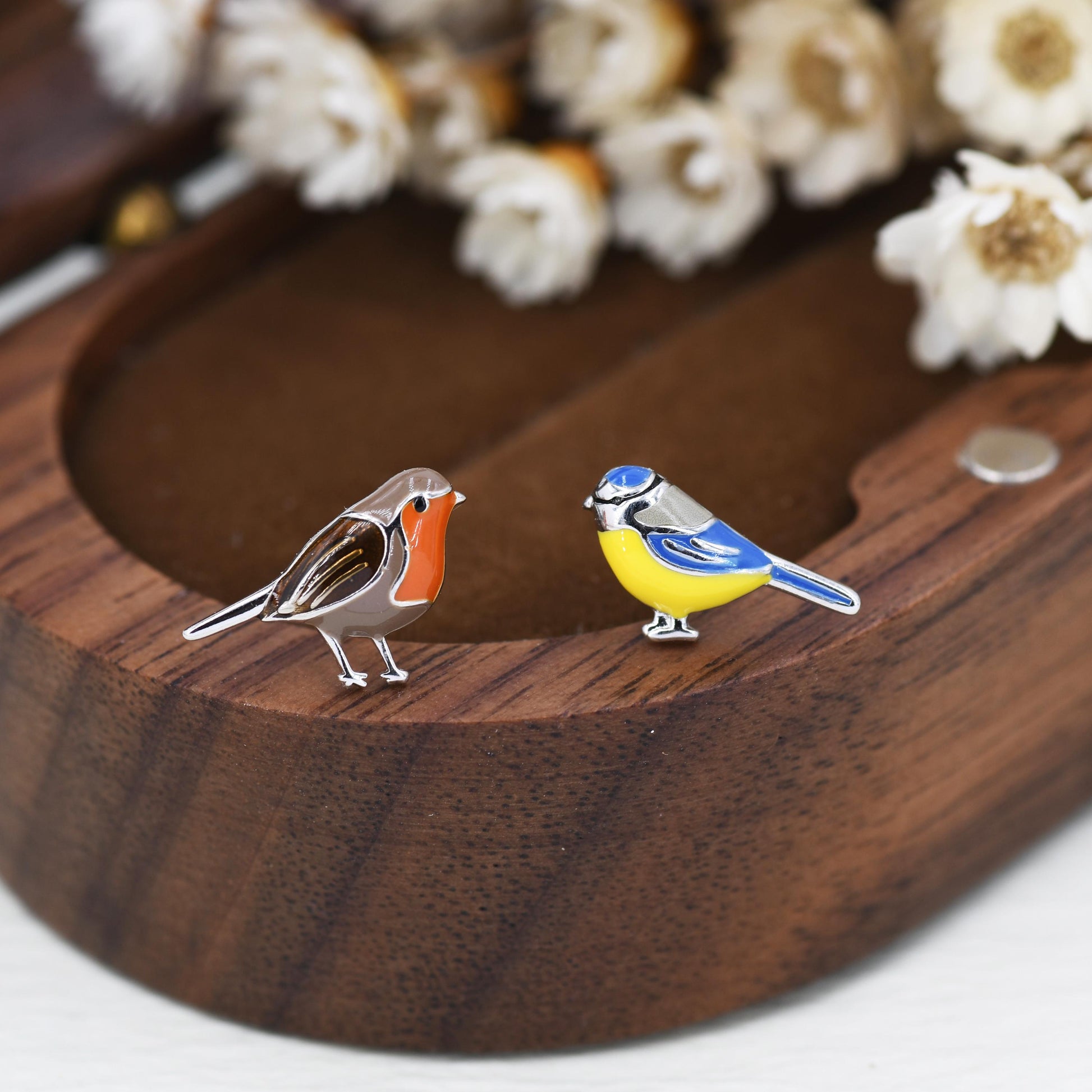 Mismatched Robin Bird and Blue Tit Bird Stud Earrings in Sterling Silver, Asymmetric Enamel Bird Earrings, Silver or Gold