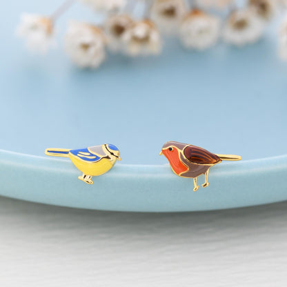 Mismatched Robin Bird and Blue Tit Bird Stud Earrings in Sterling Silver, Asymmetric Enamel Bird Earrings, Silver or Gold