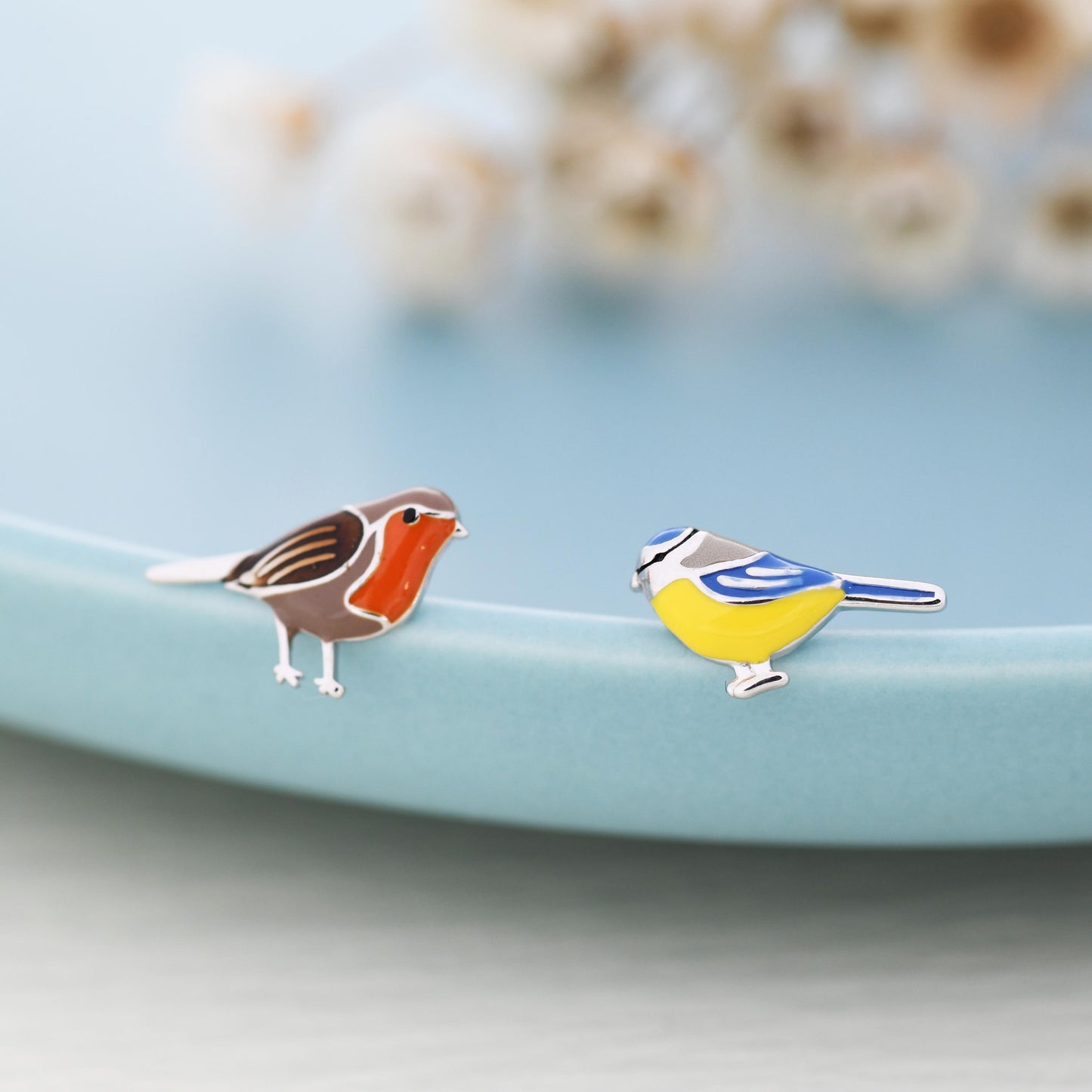 Mismatched Robin Bird and Blue Tit Bird Stud Earrings in Sterling Silver, Asymmetric Enamel Bird Earrings, Silver or Gold