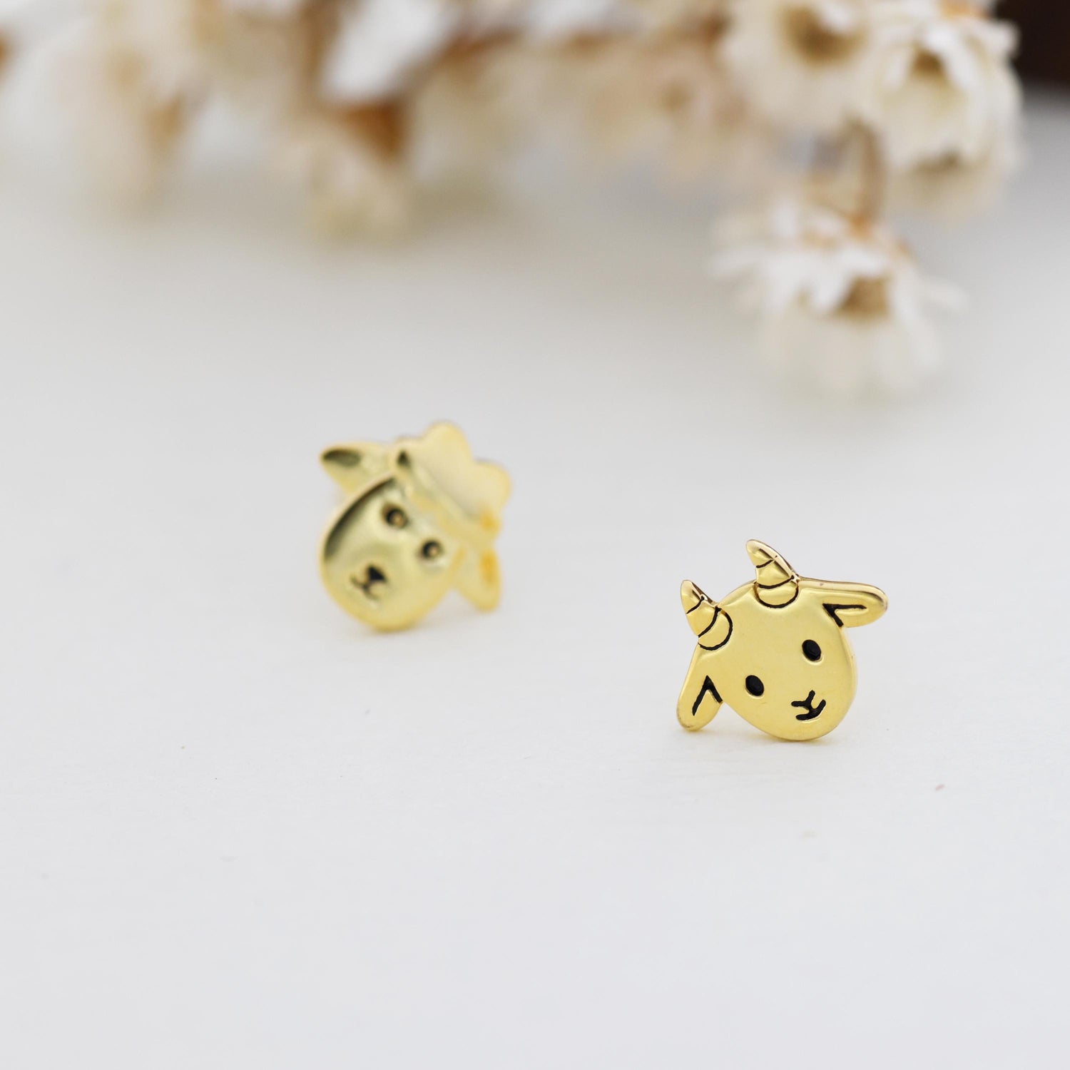 Mismatched Baby Goat and Sheep Stud Earrings in Sterling Silver, Silver or Gold, Asymmetric Baby Sheep Stud Earrings, Farm Earrings