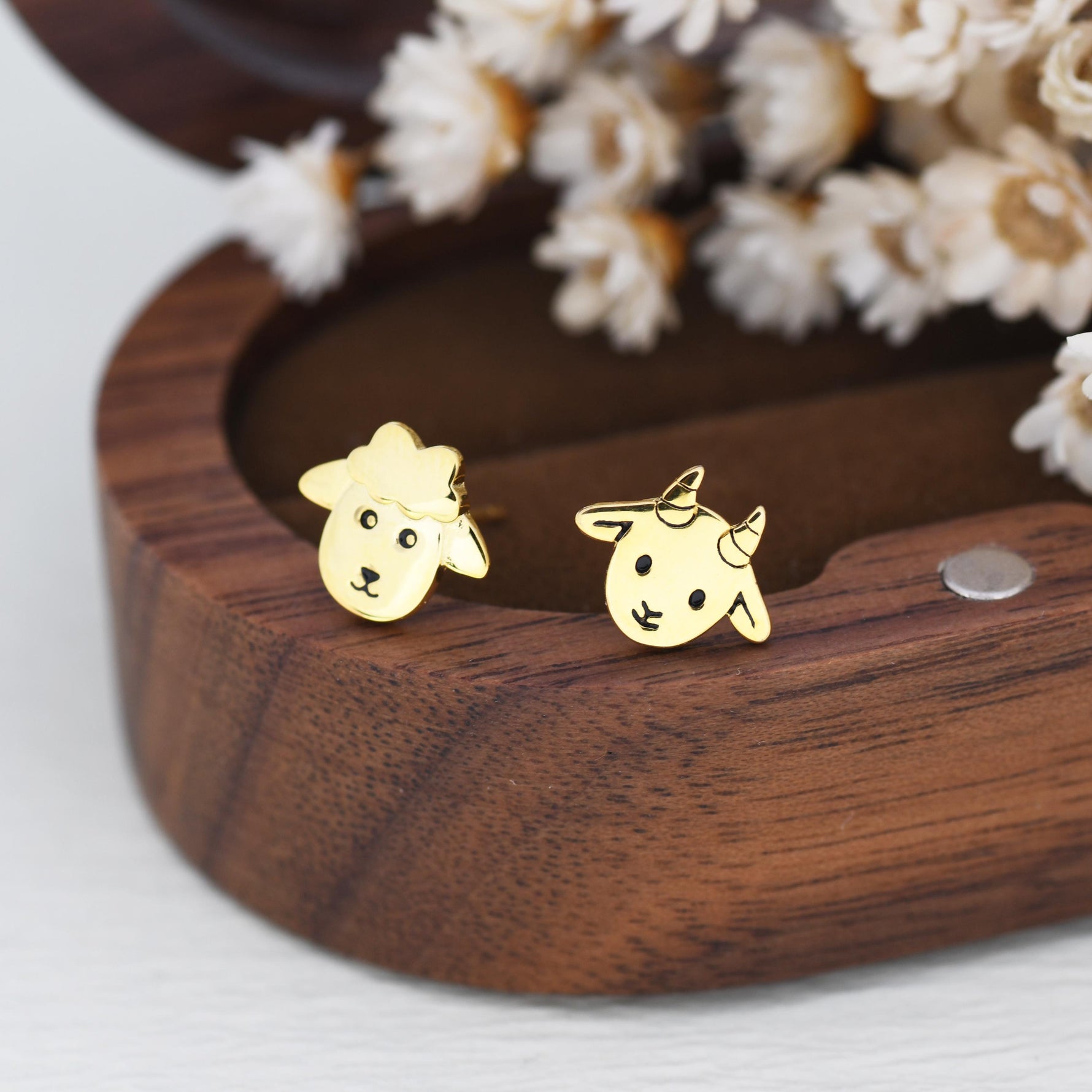 Mismatched Baby Goat and Sheep Stud Earrings in Sterling Silver, Silver or Gold, Asymmetric Baby Sheep Stud Earrings, Farm Earrings
