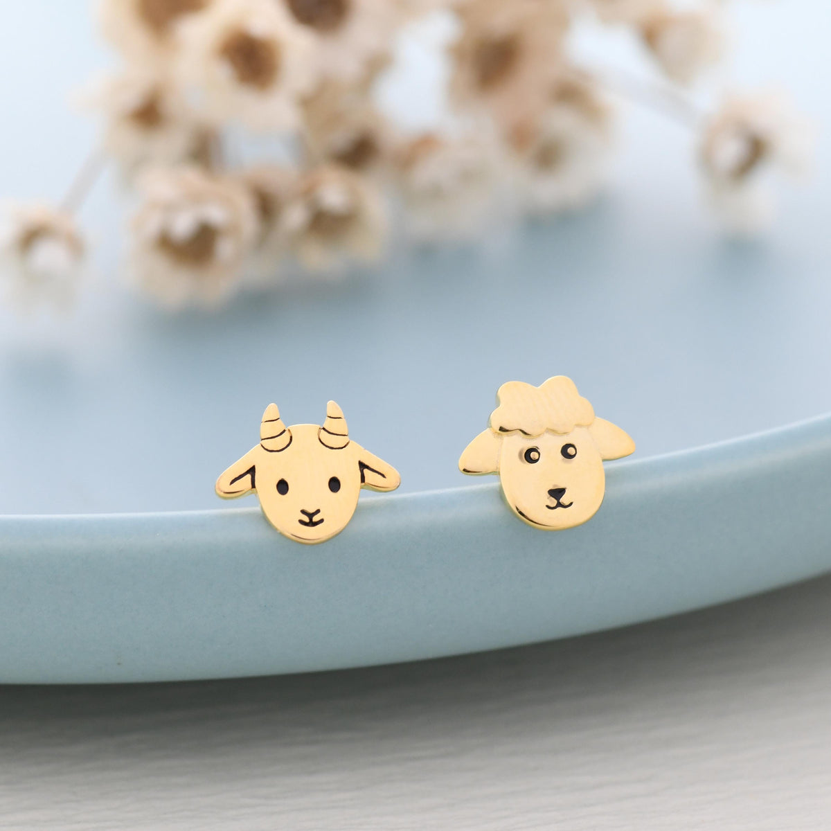 Mismatched Baby Goat and Sheep Stud Earrings in Sterling Silver, Silver or Gold, Asymmetric Baby Sheep Stud Earrings, Farm Earrings