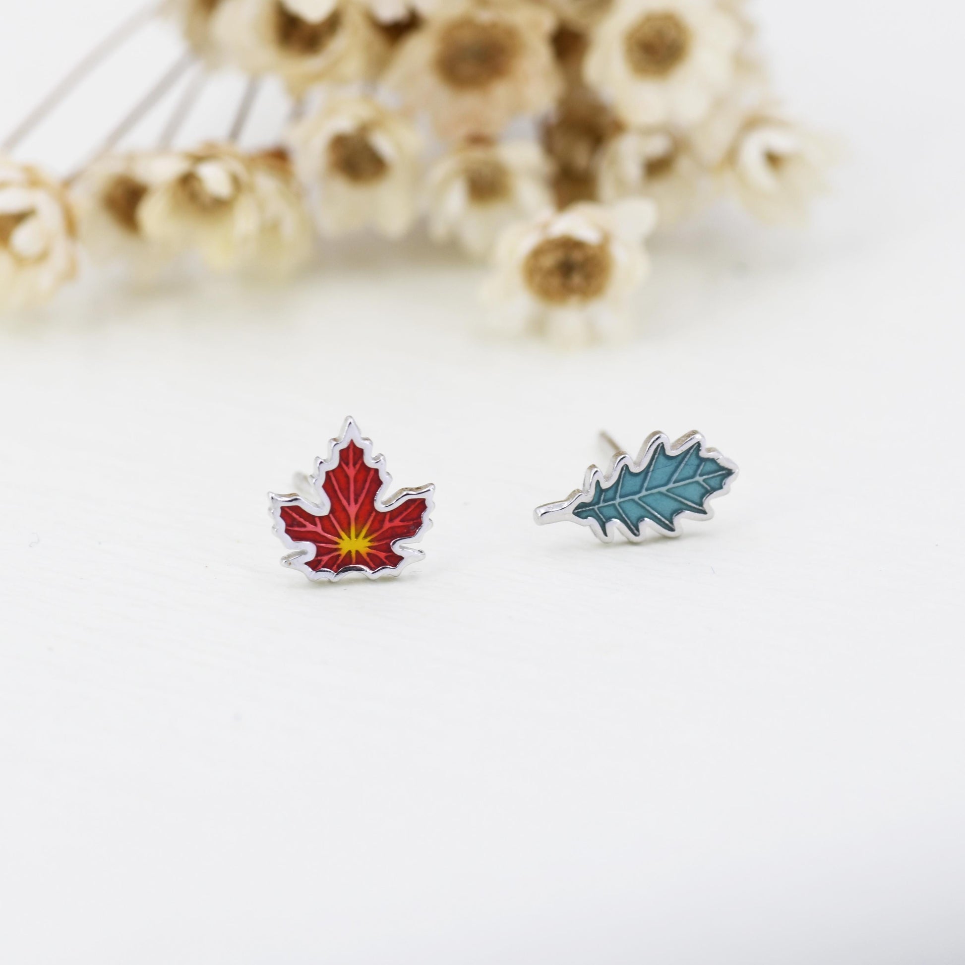 Mismatched Enamel Maple Leaf and Oak Leaf Stud Earrings in Sterling Silver, Petite Asymmetric Oak Leaf and Maple Leaf Earrings