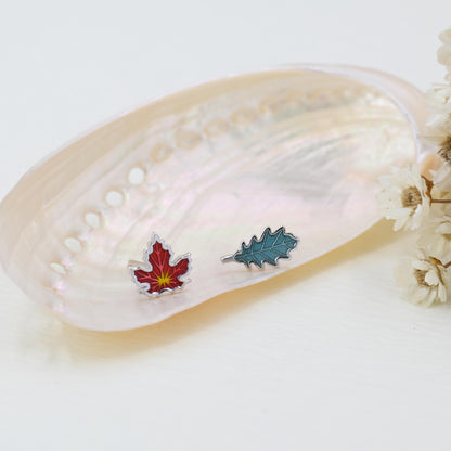 Mismatched Enamel Maple Leaf and Oak Leaf Stud Earrings in Sterling Silver, Petite Asymmetric Oak Leaf and Maple Leaf Earrings
