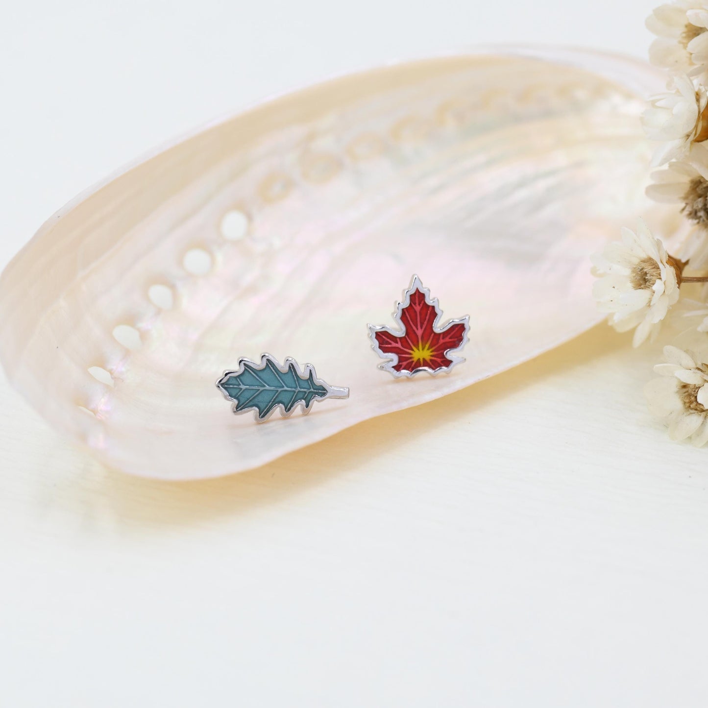 Mismatched Enamel Maple Leaf and Oak Leaf Stud Earrings in Sterling Silver, Petite Asymmetric Oak Leaf and Maple Leaf Earrings