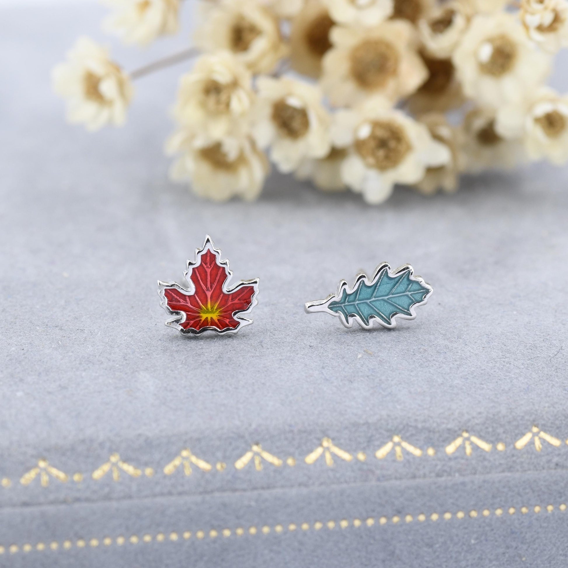 Mismatched Enamel Maple Leaf and Oak Leaf Stud Earrings in Sterling Silver, Petite Asymmetric Oak Leaf and Maple Leaf Earrings