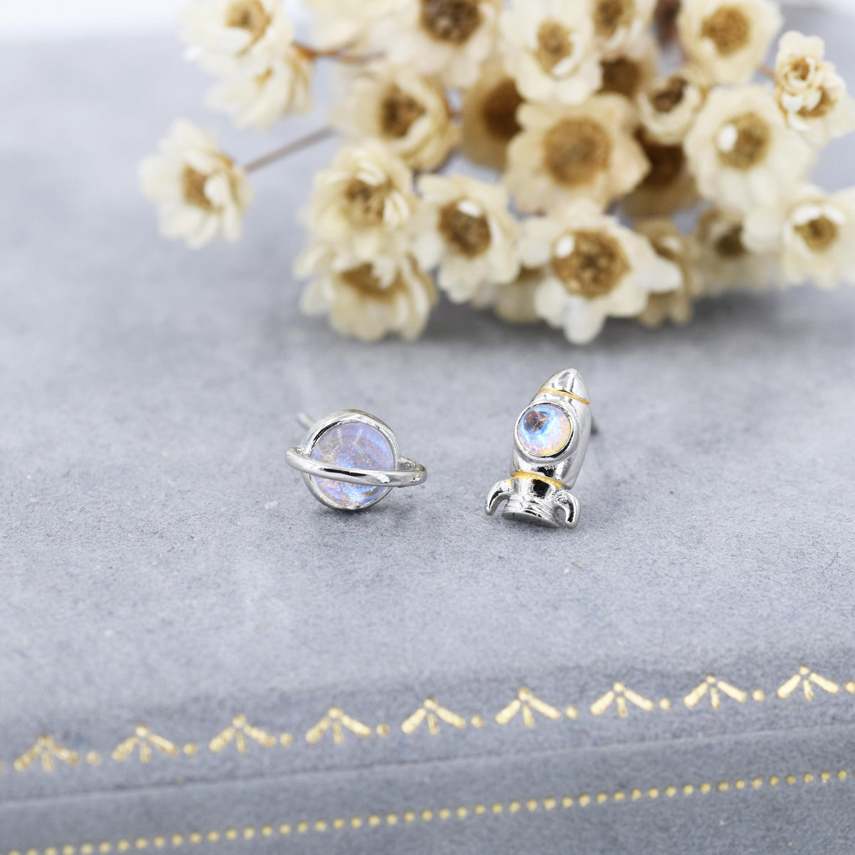 Mismatched Rocket and Planet Stud Earrings in Sterling Silver, Asymmetric Planet and Space Rocket Earrings, Spaceship Earrings