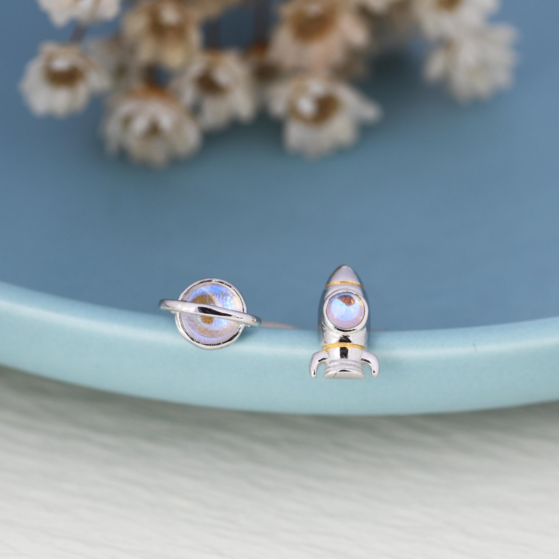 Mismatched Rocket and Planet Stud Earrings in Sterling Silver, Asymmetric Planet and Space Rocket Earrings, Spaceship Earrings