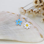 Sterling Silver Mismatched Enamel Daisy and Forget Me Not Flower Drop Stud Earrings, Dainty Asymmetric Forget-me-not and Daisy Earrings