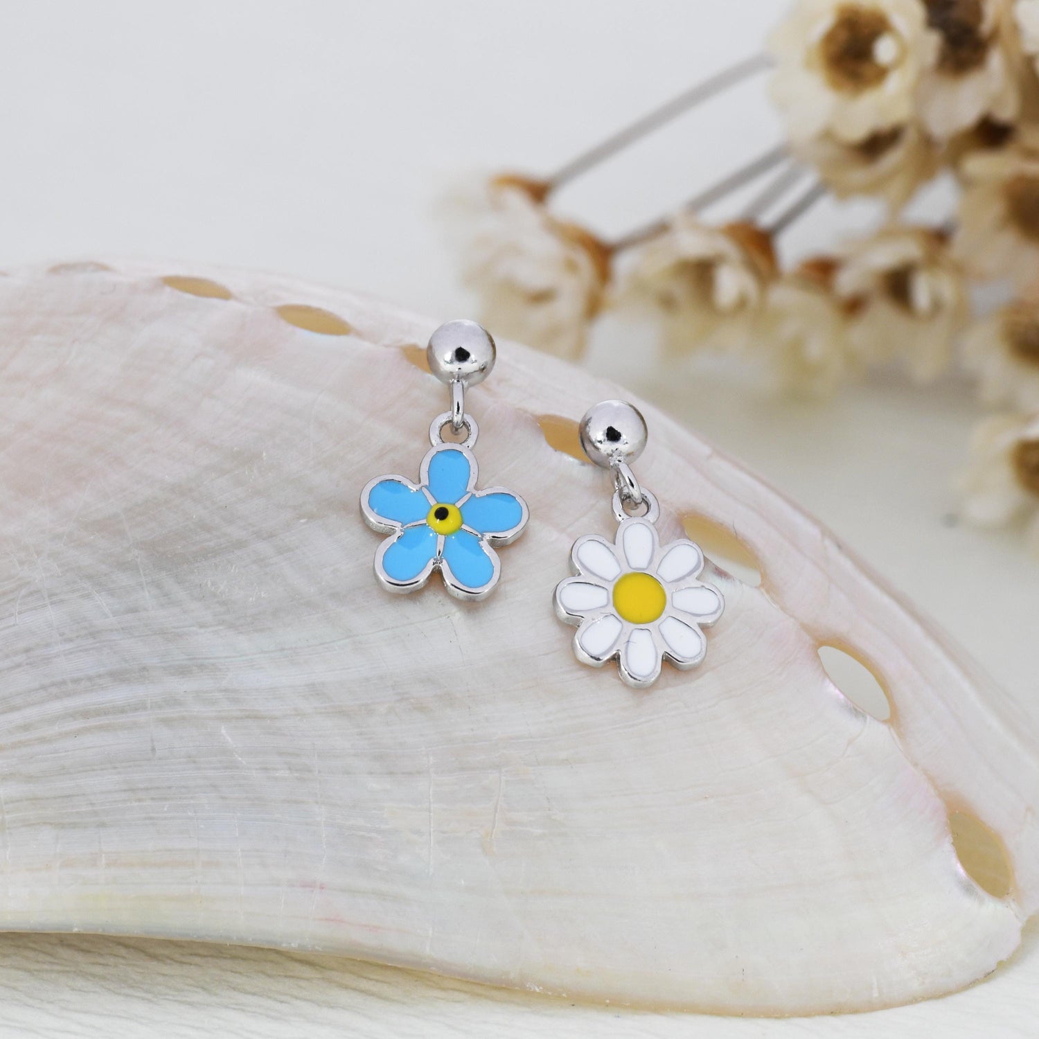 Sterling Silver Mismatched Enamel Daisy and Forget Me Not Flower Drop Stud Earrings, Dainty Asymmetric Forget-me-not and Daisy Earrings