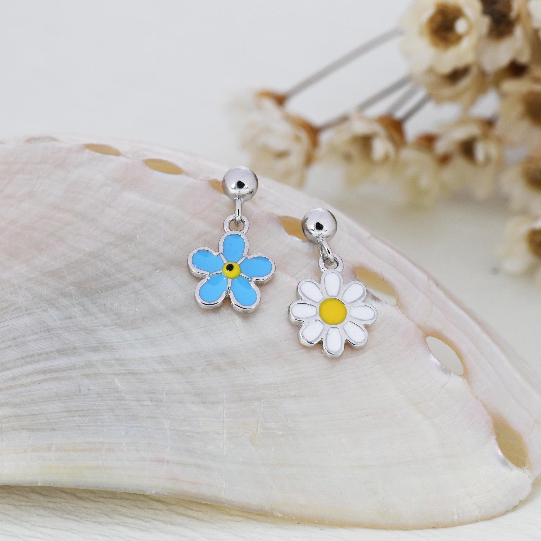 Sterling Silver Mismatched Enamel Daisy and Forget Me Not Flower Drop Stud Earrings, Dainty Asymmetric Forget-me-not and Daisy Earrings