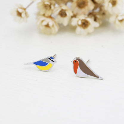 Mismatched Robin and Blue Tit Bird Stud Earrings in Sterling Silver, Asymmetric Blue Tit and Robin Earrings, Hand Painted Enamel