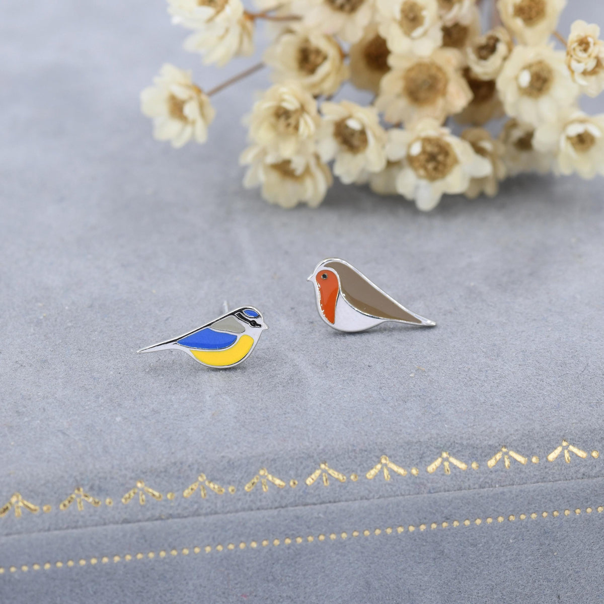Mismatched Robin and Blue Tit Bird Stud Earrings in Sterling Silver, Asymmetric Blue Tit and Robin Earrings, Hand Painted Enamel