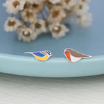 Mismatched Robin and Blue Tit Bird Stud Earrings in Sterling Silver, Asymmetric Blue Tit and Robin Earrings, Hand Painted Enamel