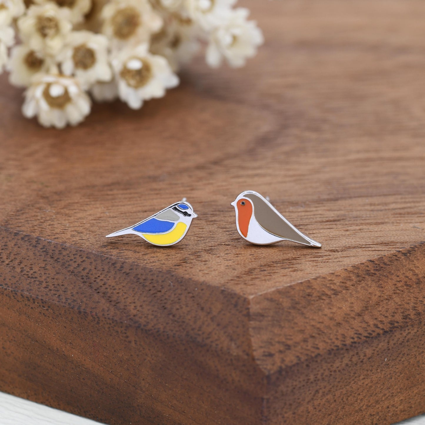 Mismatched Robin and Blue Tit Bird Stud Earrings in Sterling Silver, Asymmetric Blue Tit and Robin Earrings, Hand Painted Enamel