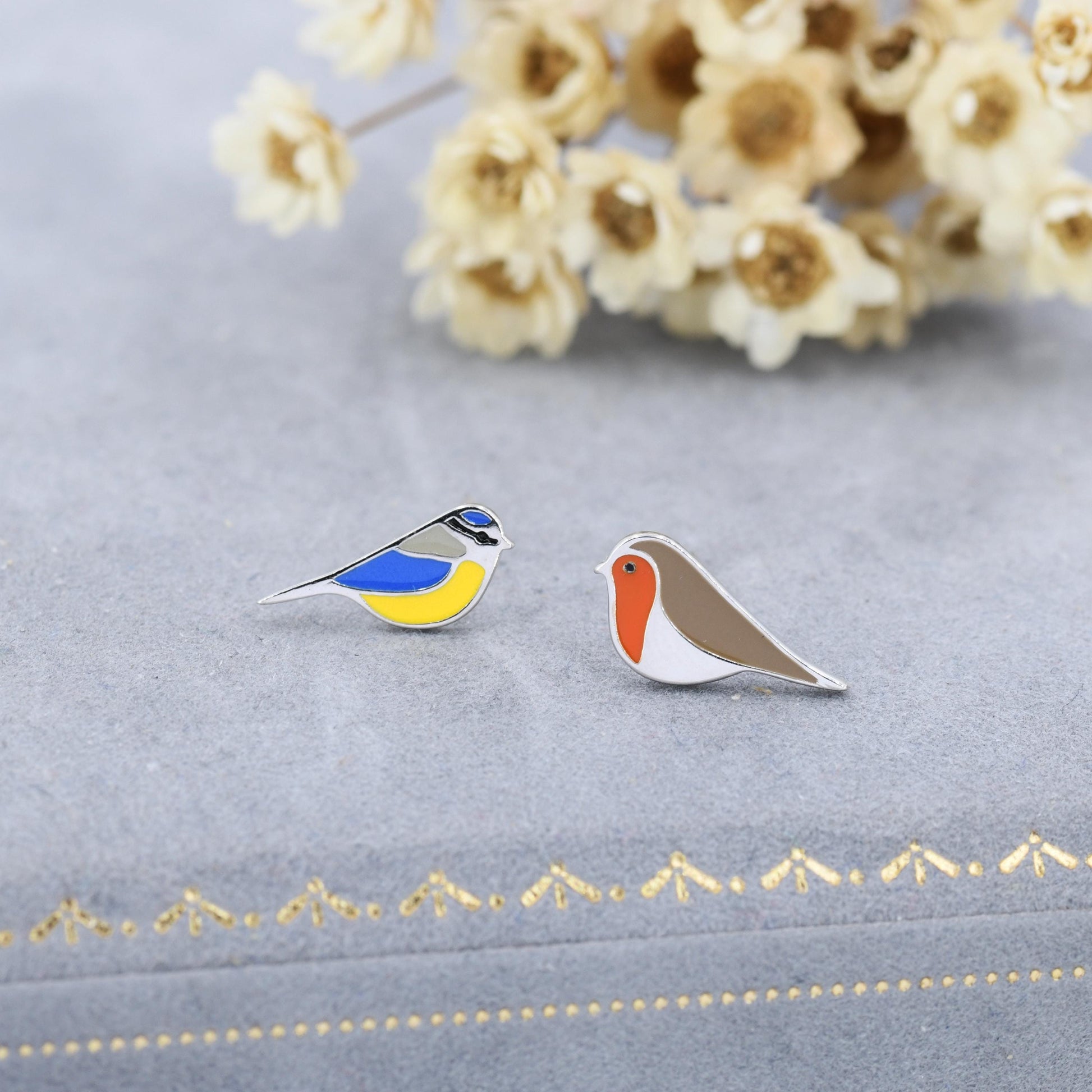 Mismatched Robin and Blue Tit Bird Stud Earrings in Sterling Silver, Asymmetric Blue Tit and Robin Earrings, Hand Painted Enamel
