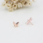 Mismatched Butterfly and Dragonfly Stud Earrings in Sterling Silver, Silver, Gold or Rose Gold, Asymmetric Dragonfly and Butterfly Earrings