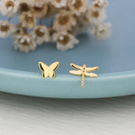 Mismatched Butterfly and Dragonfly Stud Earrings in Sterling Silver, Silver, Gold or Rose Gold, Asymmetric Dragonfly and Butterfly Earrings