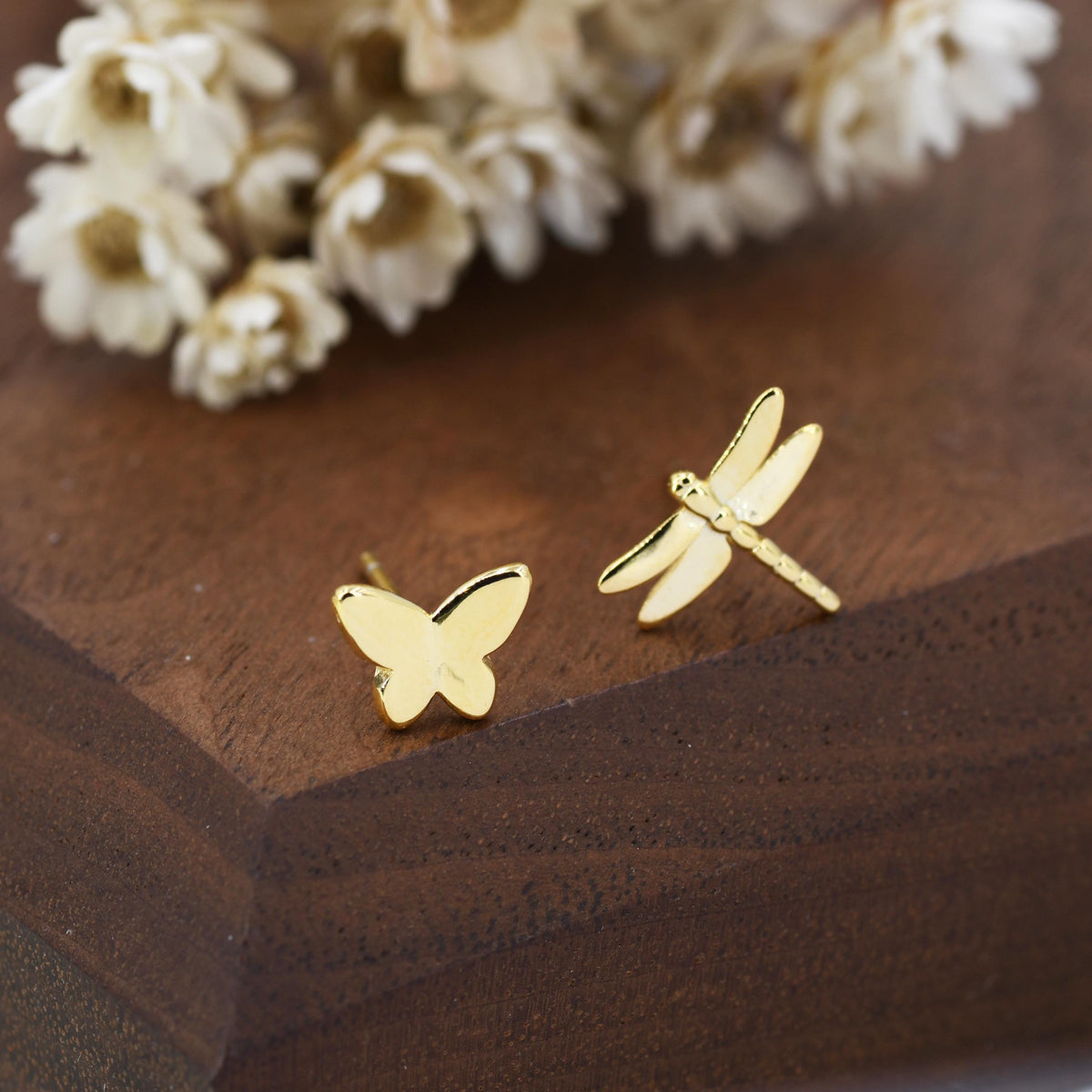 Mismatched Butterfly and Dragonfly Stud Earrings in Sterling Silver, Silver, Gold or Rose Gold, Asymmetric Dragonfly and Butterfly Earrings