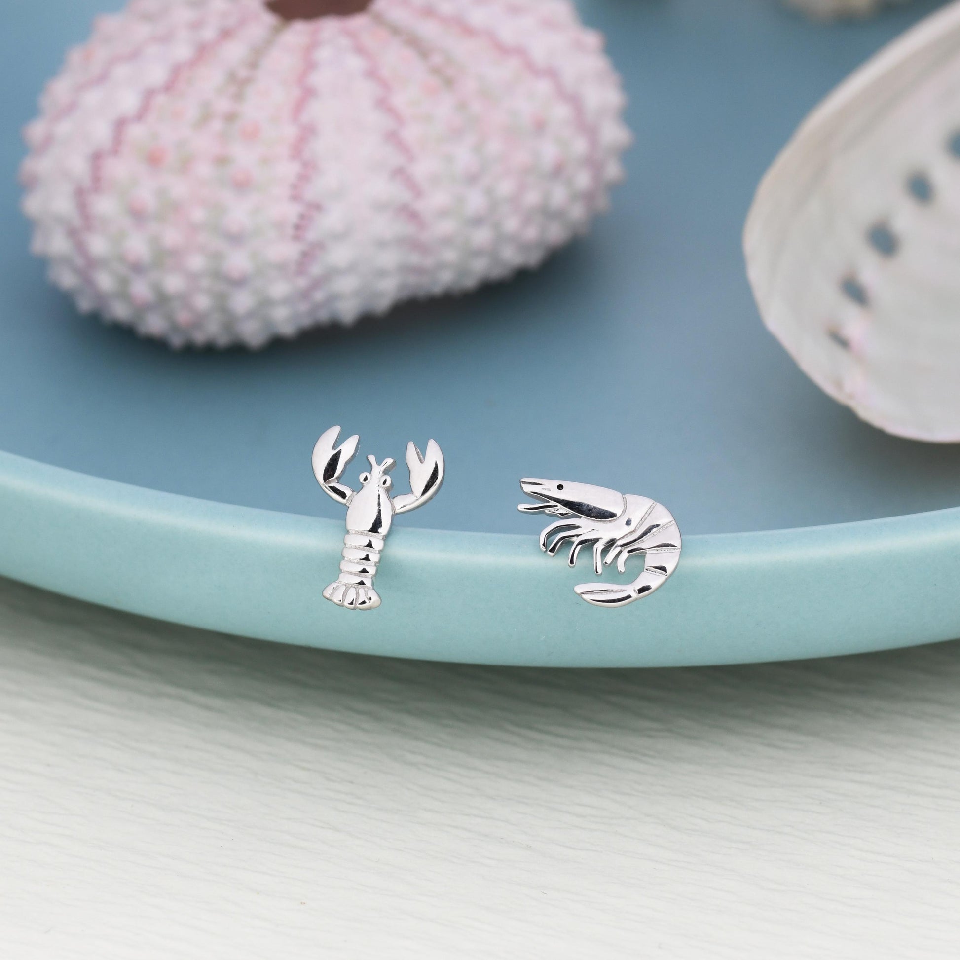 Mismatched Sterling Silver Lobster and Prawn Stud Earrings, Asymmetric Shrimp and Lobster Ocean Creature Earrings, Cute and Quirky