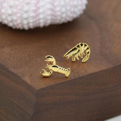 Mismatched Sterling Silver Lobster and Prawn Stud Earrings, Asymmetric Shrimp and Lobster Ocean Creature Earrings, Cute and Quirky
