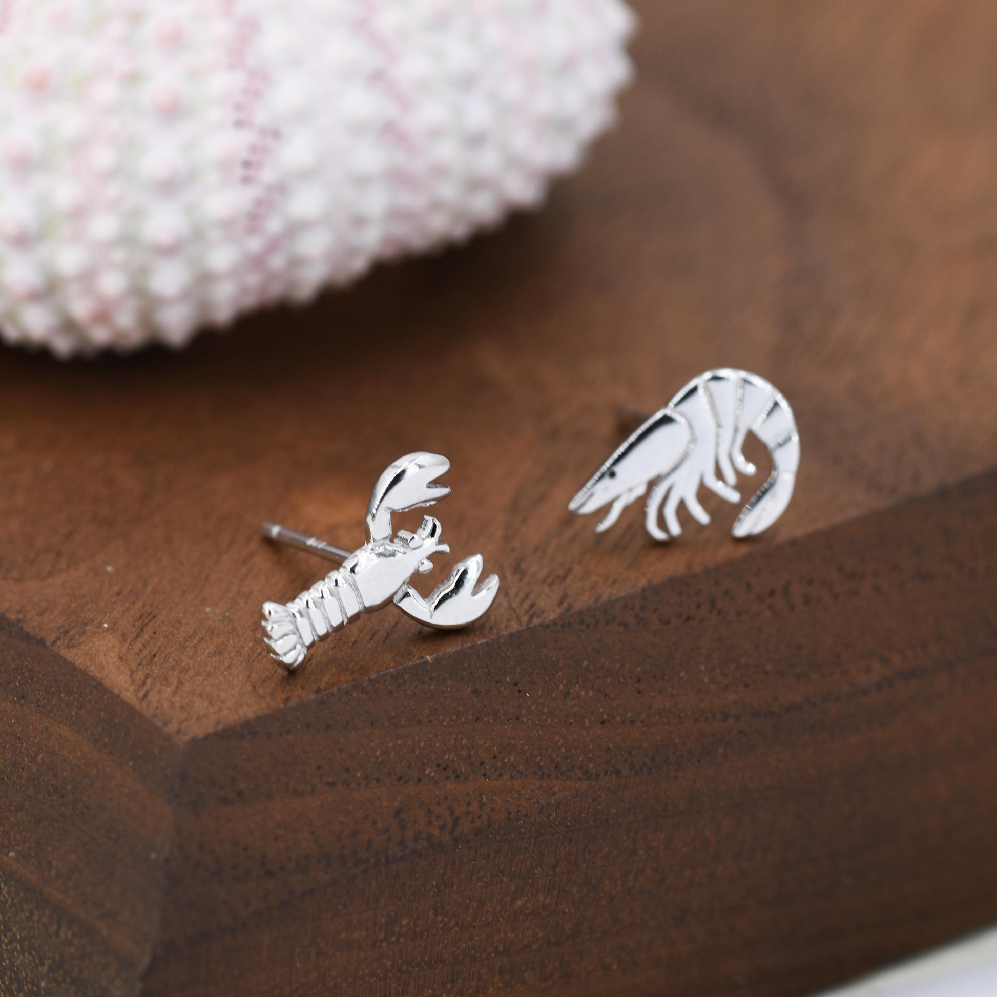 Mismatched Sterling Silver Lobster and Prawn Stud Earrings, Asymmetric Shrimp and Lobster Ocean Creature Earrings, Cute and Quirky