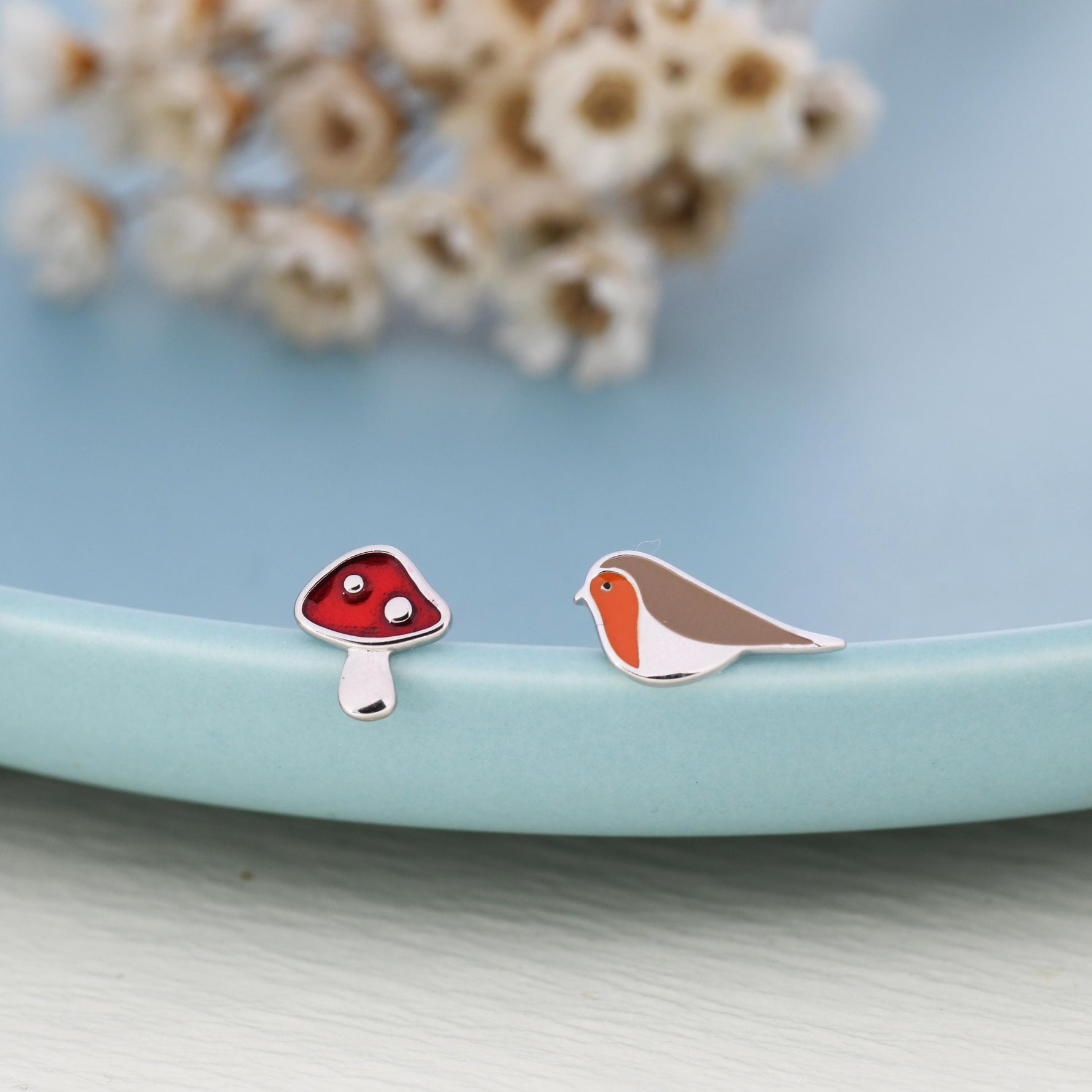 Mismatched Robin Bird and Mushroom Stud Earrings in Sterling Silver, Asymmetric Red Mushroom and Robin Earrings, Hand Painted Enamel