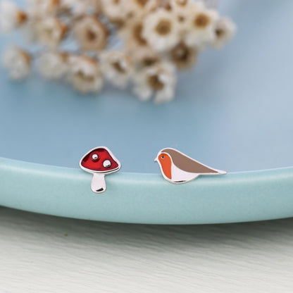 Mismatched Robin Bird and Mushroom Stud Earrings in Sterling Silver, Asymmetric Red Mushroom and Robin Earrings, Hand Painted Enamel