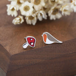 Mismatched Robin Bird and Mushroom Stud Earrings in Sterling Silver, Asymmetric Red Mushroom and Robin Earrings, Hand Painted Enamel